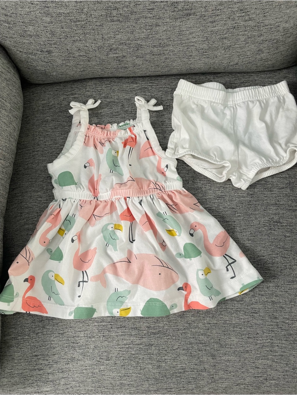 White Dress with Pink & Green Bird Print and Matching Bloomers